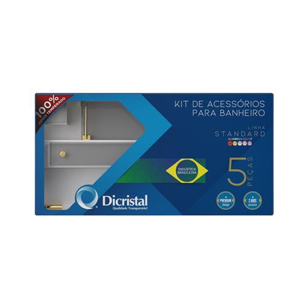 Kit Acessorios Para Banheiro Dourado 5 Pecas Reto Vidro Fumê Temperado 8mm