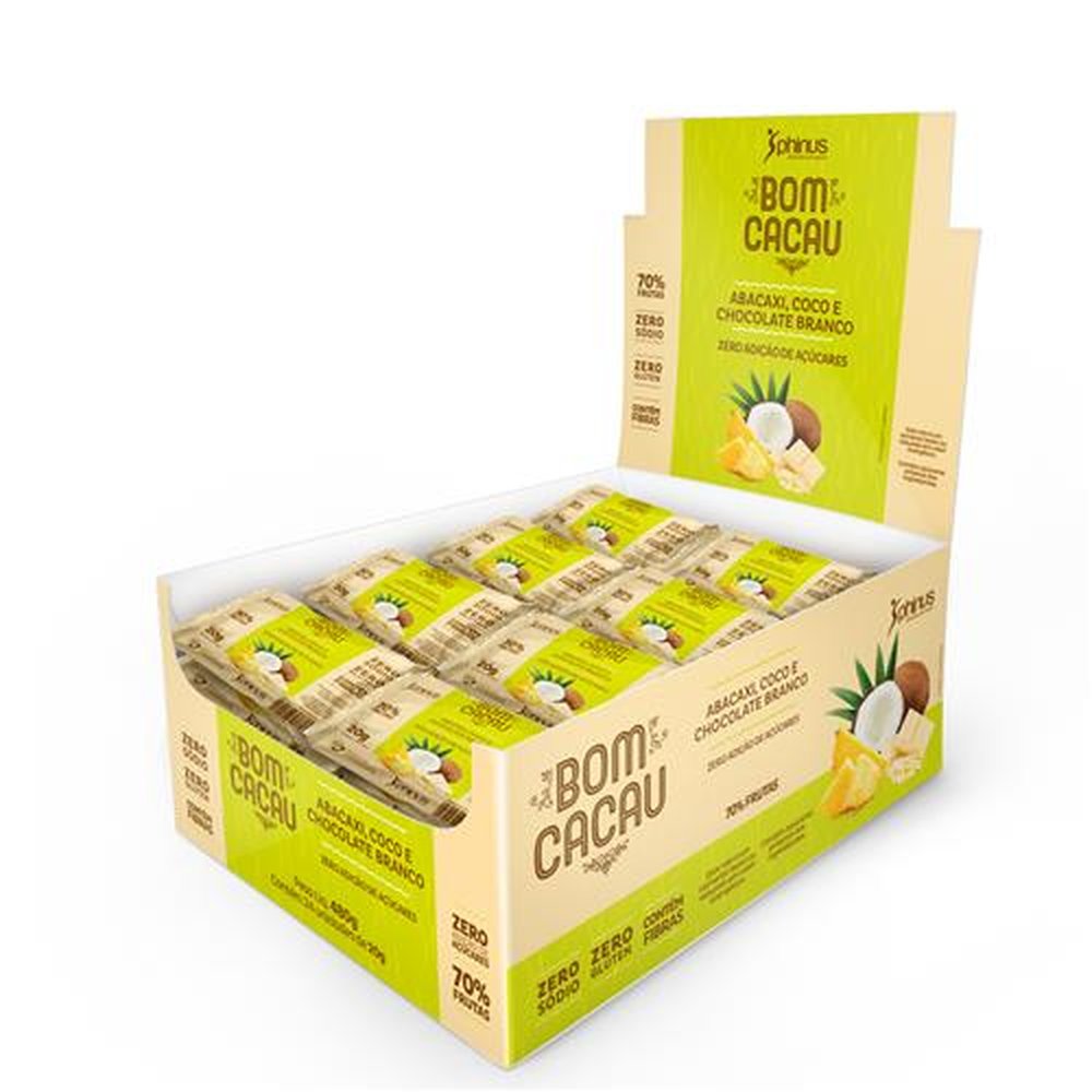 Bombom de Abacaxi, Coco e Chocolate Branco 480g Zero Adição de Açucares, 70% de frutas - PHINUS ( Caixa Display com 24 unidades de 20g)