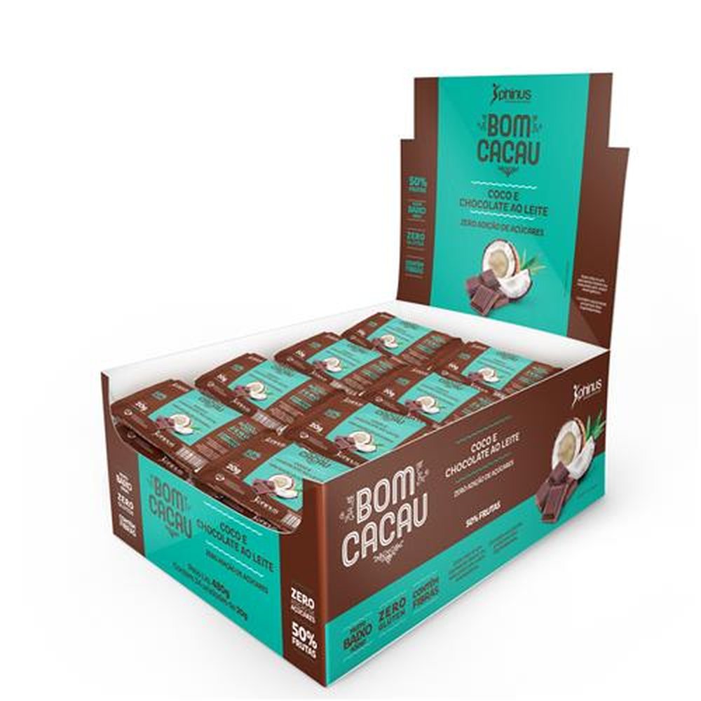 Bombom de Coco e Chocolate ao Leite 480g Zero Adição de Açucares, 50% de frutas - PHINUS ( Caixa Display com 24 unidades de 20g)