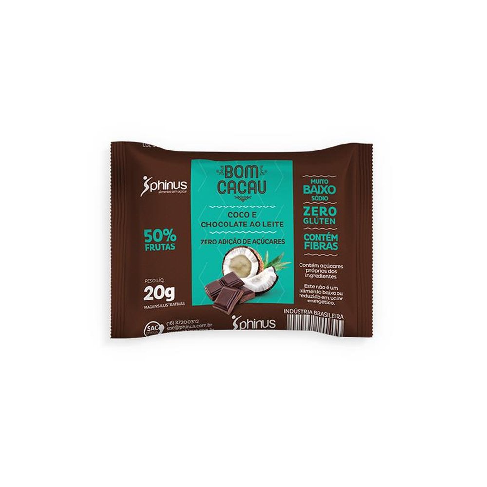 Bombom de Coco e Chocolate ao Leite 480g Zero Adição de Açucares, 50% de frutas - PHINUS ( Caixa Display com 24 unidades de 20g)