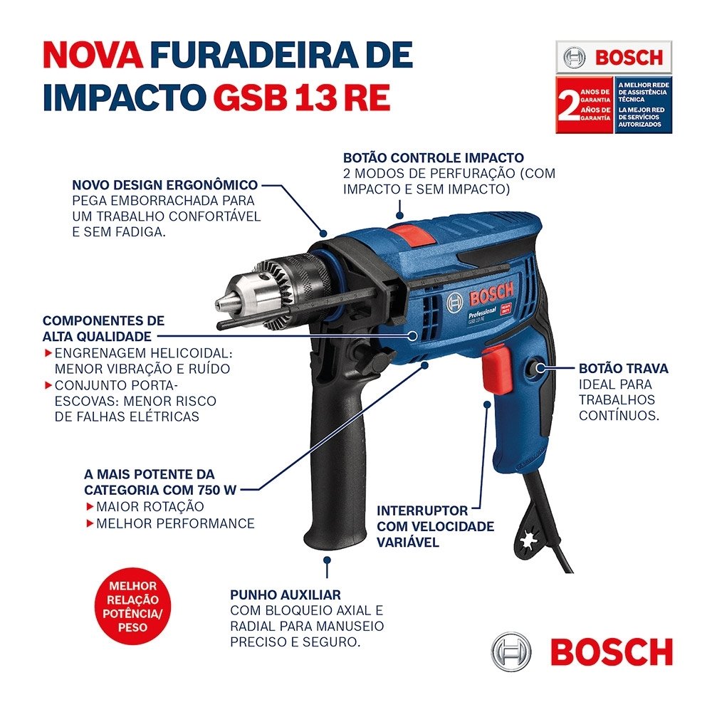 Furadeira de Impacto Bosch GSB13 Re Vvr 750W + 5 Brocas e Maleta 110V