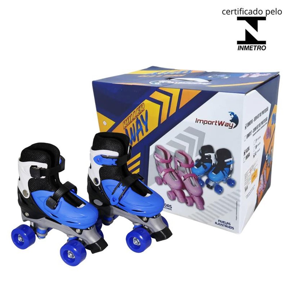 Patins 4 Rodas Roller Com Kit de Proteção Azul P