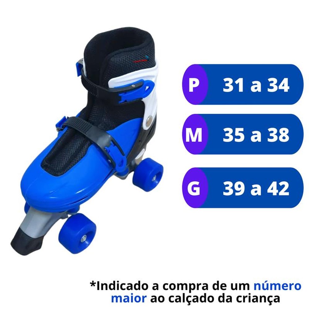 Patins 4 Rodas Roller Com Kit de Proteção Azul P