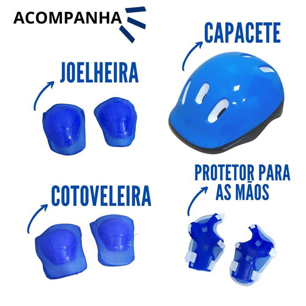 Patins 4 Rodas Roller Com Kit de Proteção Azul P