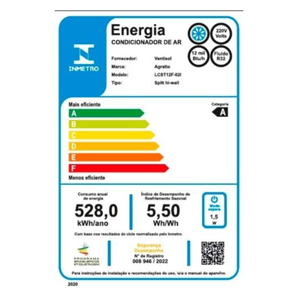Ar Condicionado Split 12.000BTUs Agratto LCST12F, Frio, Liv Inverter, 220V