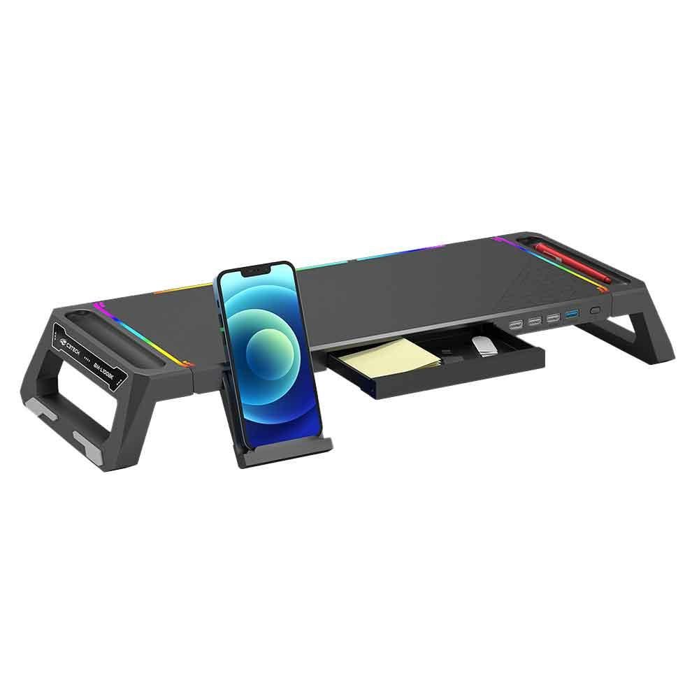 Suporte Base para Monitor C3Tech, RGB, Suporta Até 50kg Dobrado e 20kg Aberto, 1 Saída USB 3.0 e 3 Saídas USB 2.0, Preto - BM-L100BK