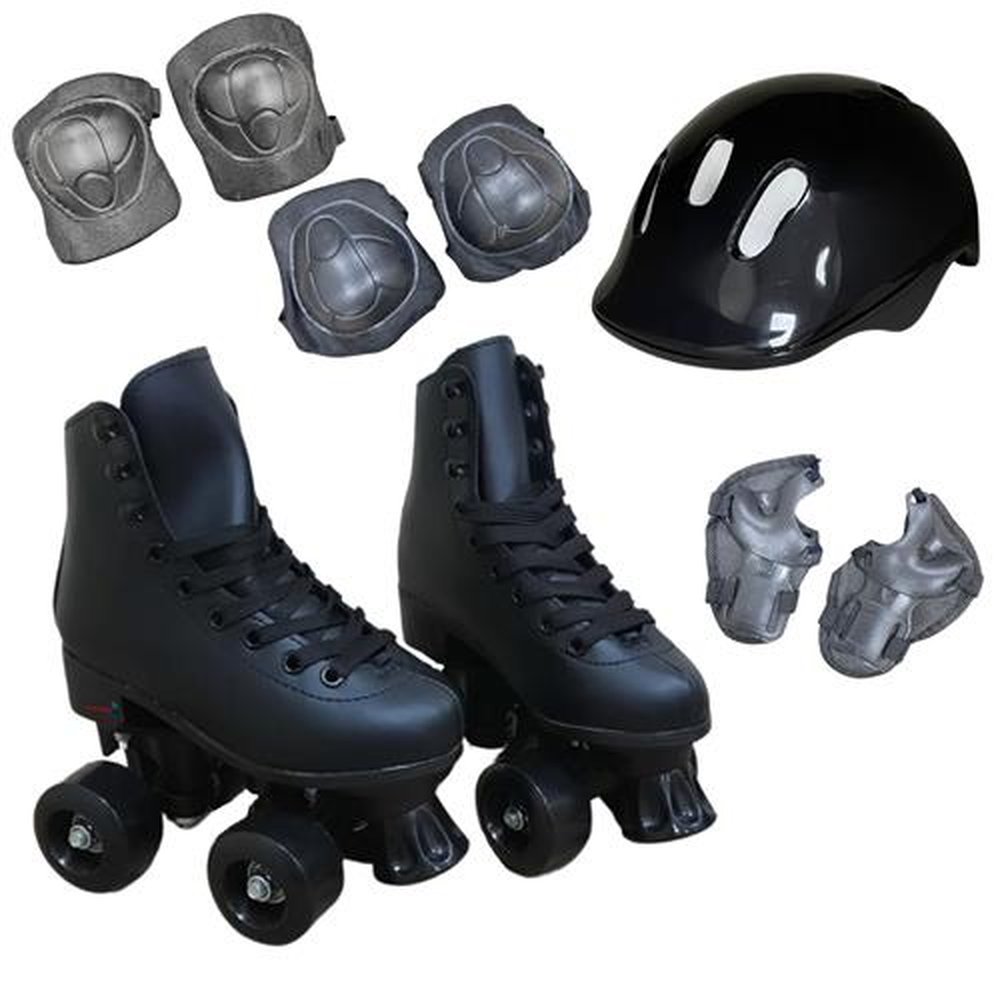 Patins 4 Rodas Roller Clássico com Kit de Proteção Preto 36