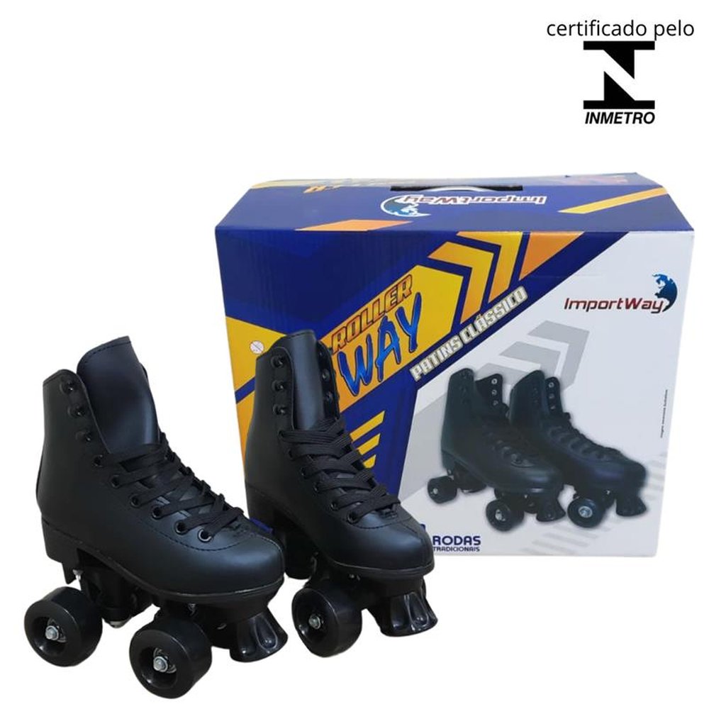 Patins 4 Rodas Roller Clássico com Kit de Proteção Preto 36