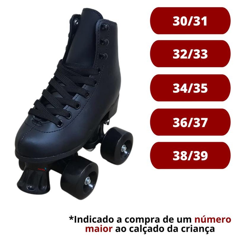 Patins 4 Rodas Roller Clássico com Kit de Proteção Preto 36