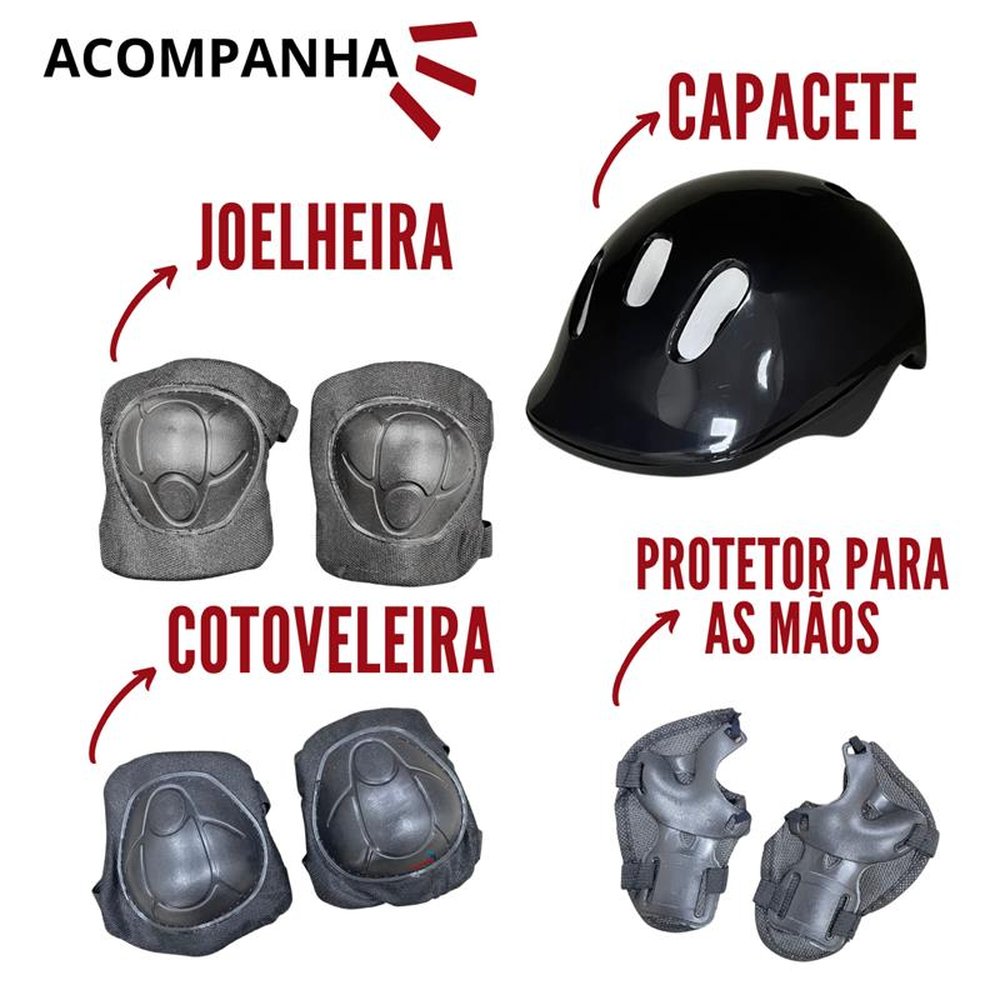 Patins 4 Rodas Roller Clássico com Kit de Proteção Preto 36