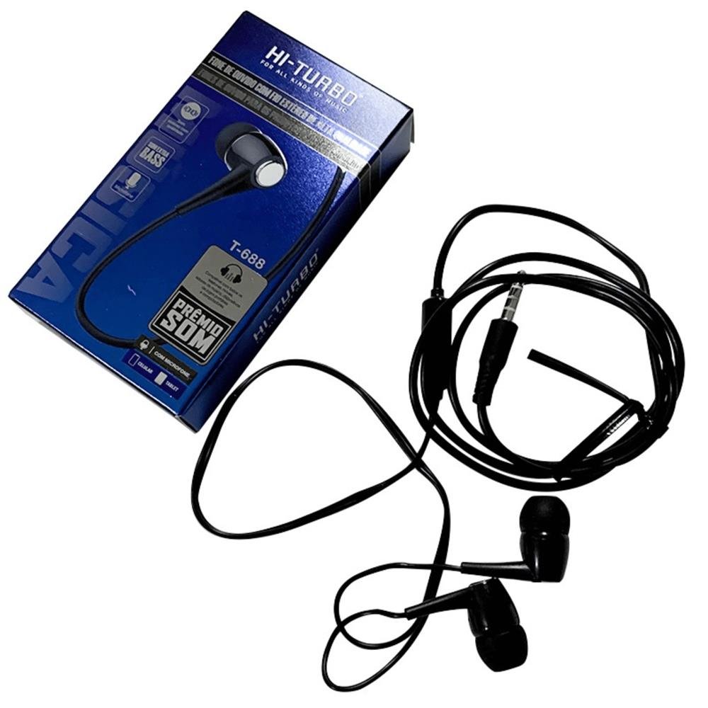 Fone de Ouvido com Microfone Intra Auricular Com Fio P2 3,5mm Estéreo Hi-Turbo Preto