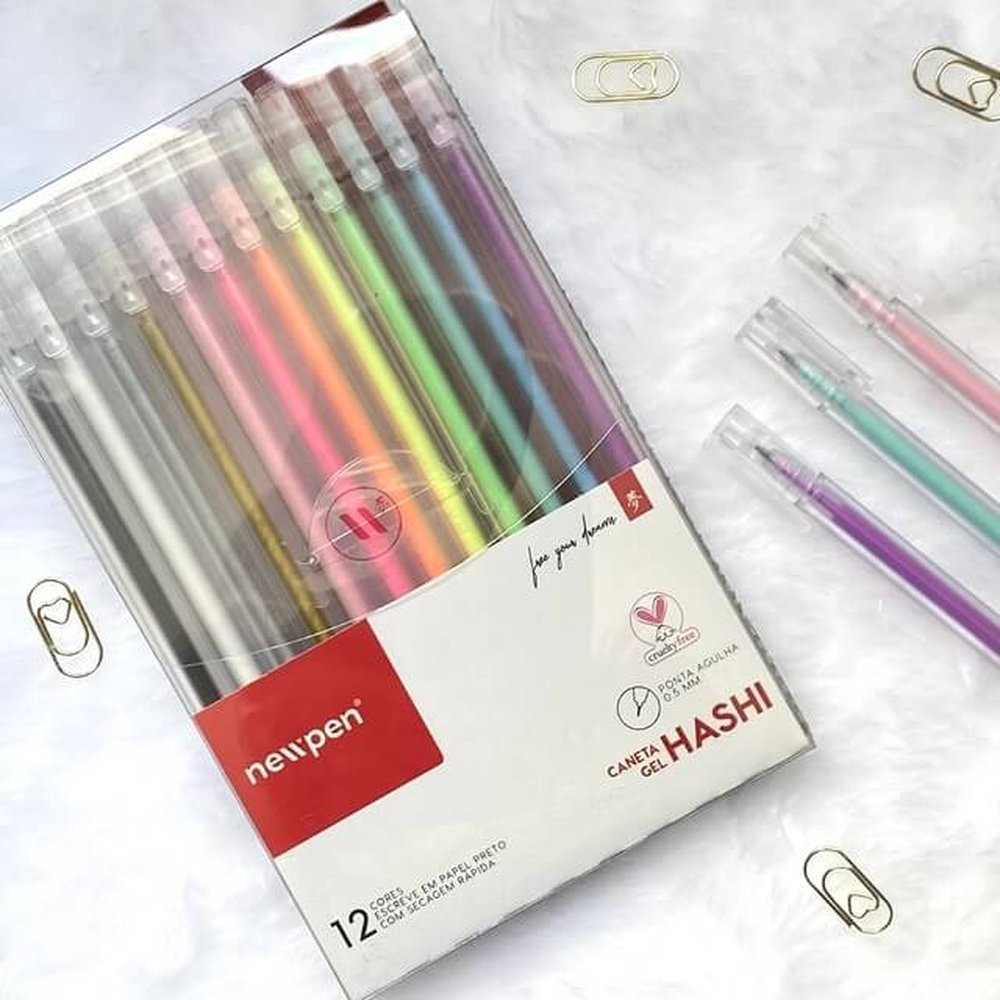 Caneta Gel Hashi Newpen Ponta Agulha 12 Cores Sortidas - Escreve em Papel Preto