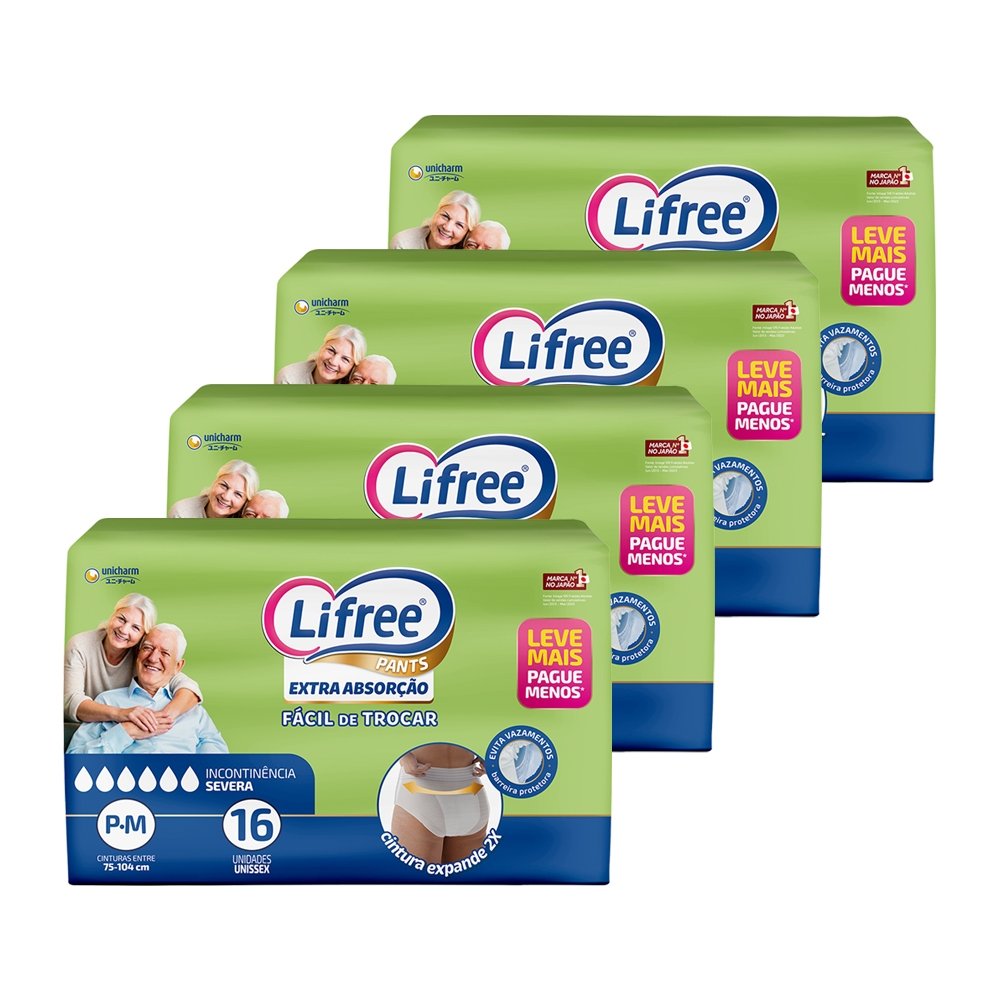 Roupa Íntima Lifree Extra Absorção Tamanho P/M - 4 Pacotes com 16 Fraldas - Total 64 Tiras
