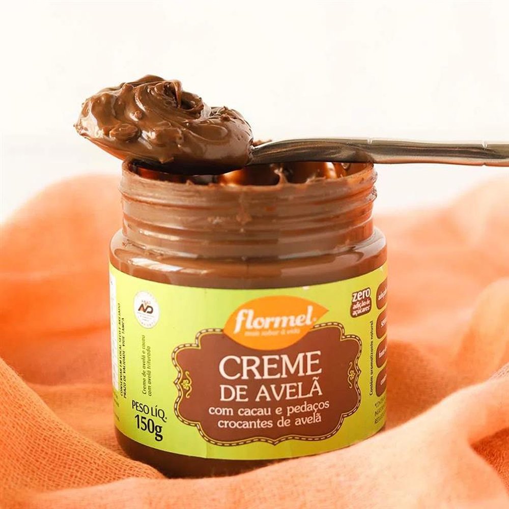 Creme de Avelã com Cacau e Pedaços Crocantes de Avelã Flormel, Zero Açúcar - Pote com 150g