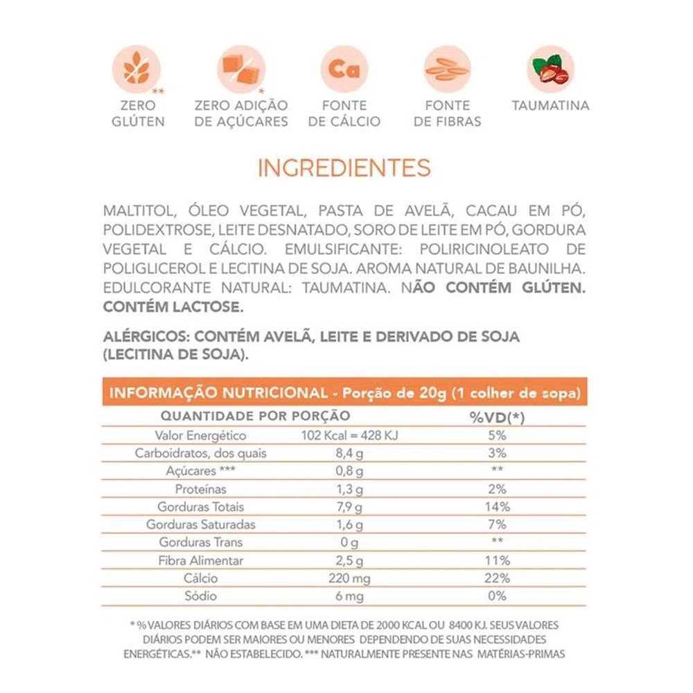 Creme de Avelã com Cacau Flormel, Zero Açúcar - Pote com 150g