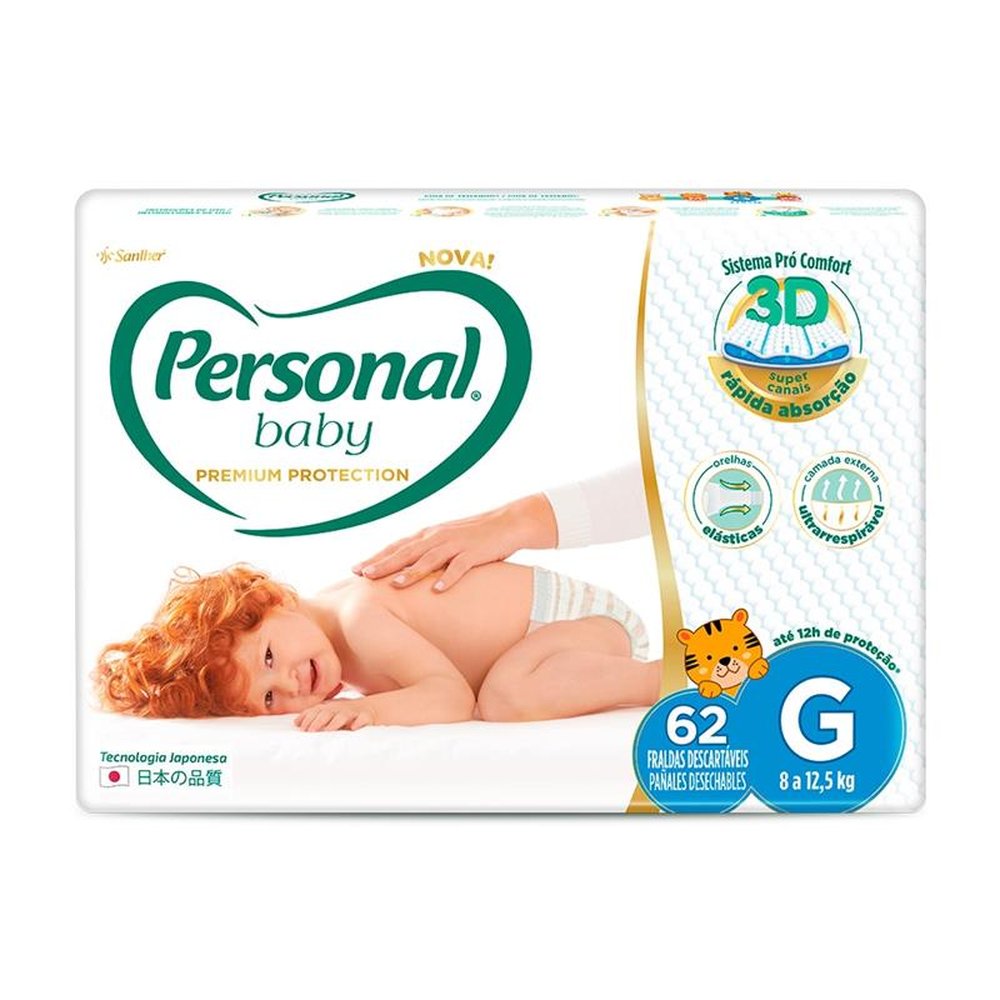 Fralda Descartável Personal Premium Hiper G 62 Unidades - Embalagem com 3 Unidades