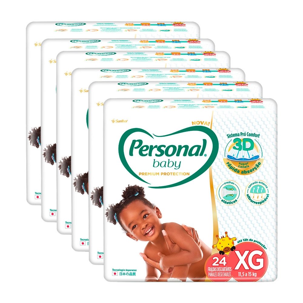 Fralda Descartável Personal Premium Tamanho XG - 6 Pacotes com 24 Fraldas - Total 144 Tiras