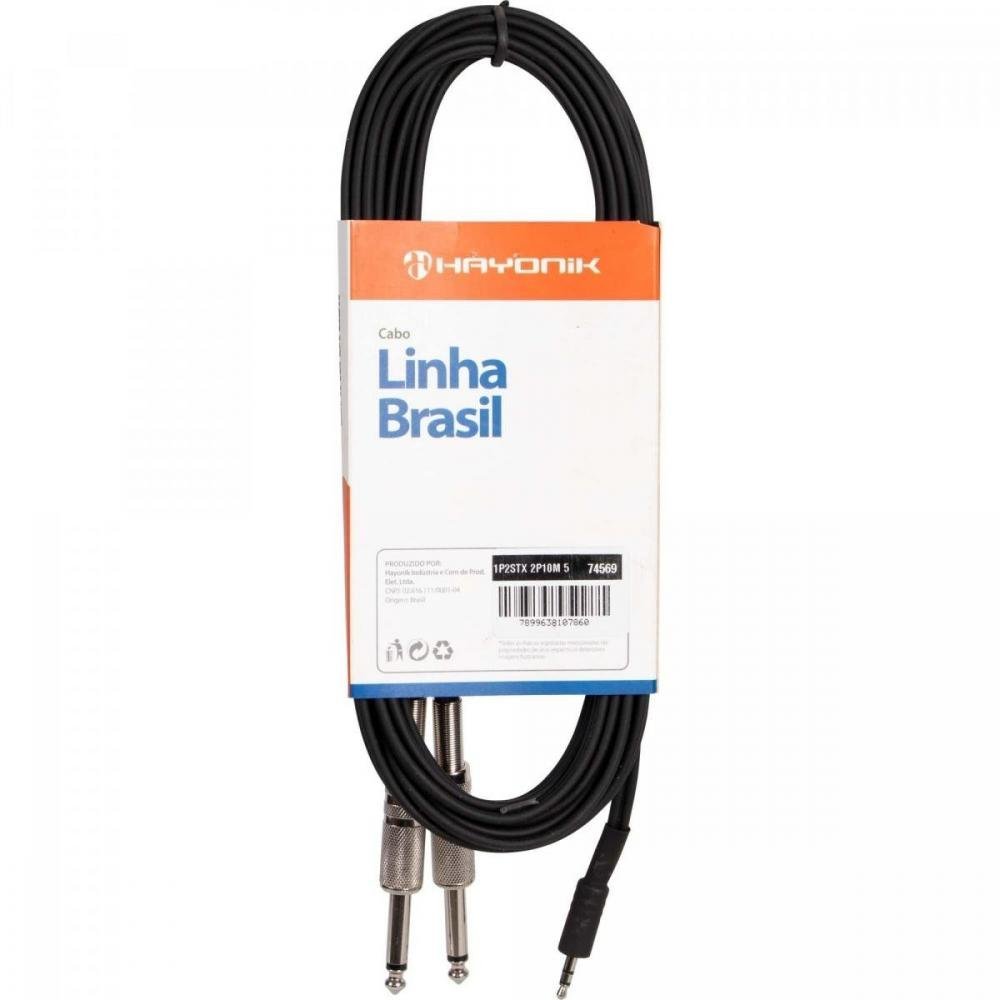 Cabo de Áudio Linha Brasil P2 Estéreo X 2 P10 Mono 5m Preto HAYONIK Un.Venda: PC/1