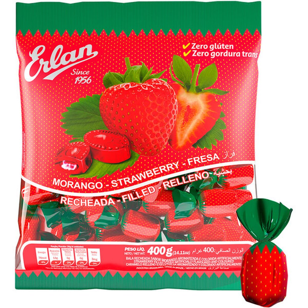 Bala Recheada Morango Cestinha Embalagem com 36 Unidades de 400g