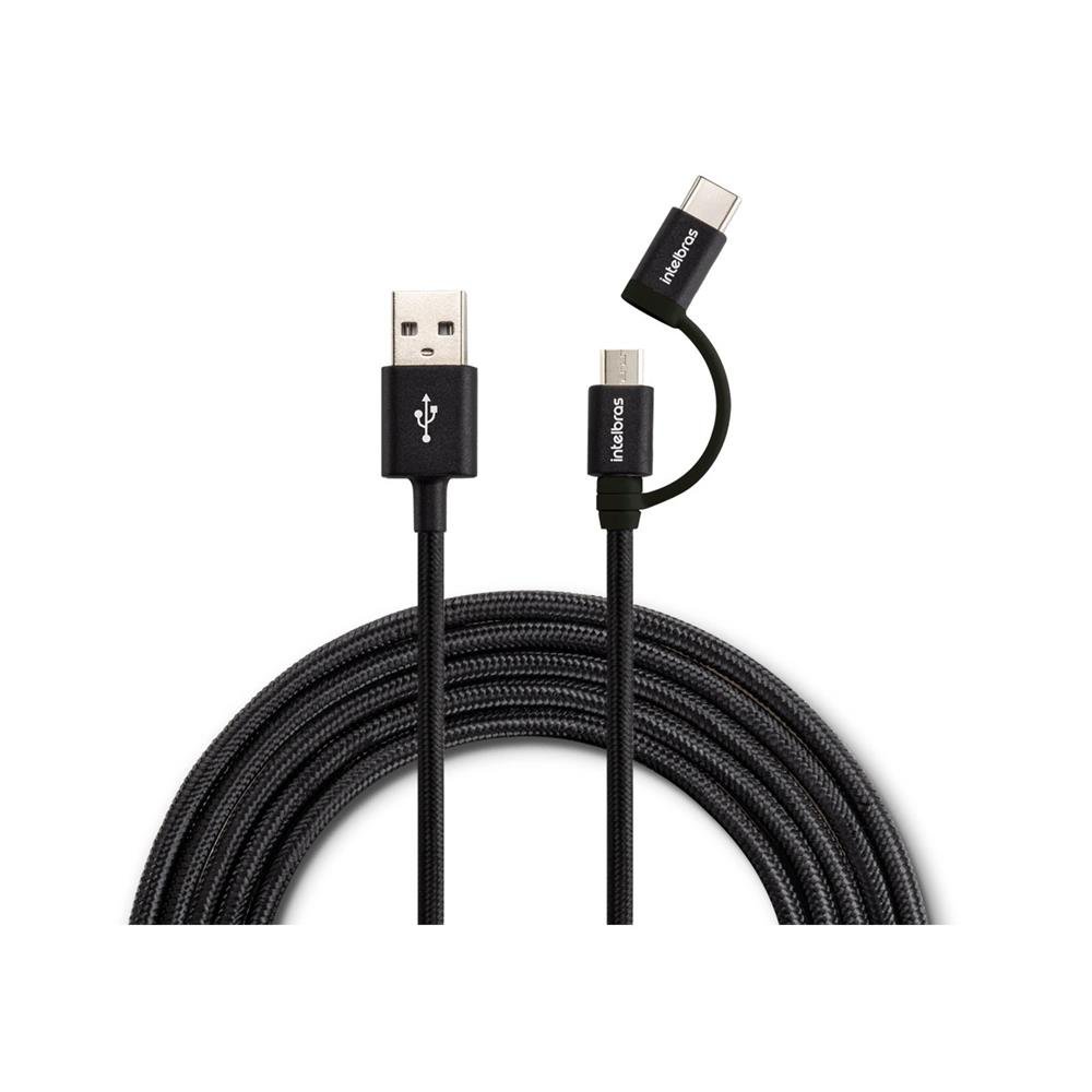 Cabo USB Micro USB + USB-C 1,5m Nylon Preto Intelbras