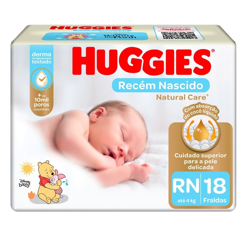 Fralda Descartável Huggies Natural Care - Recém Nascido, 9 Pacotes com 18 Fraldas - Total 162 Tiras