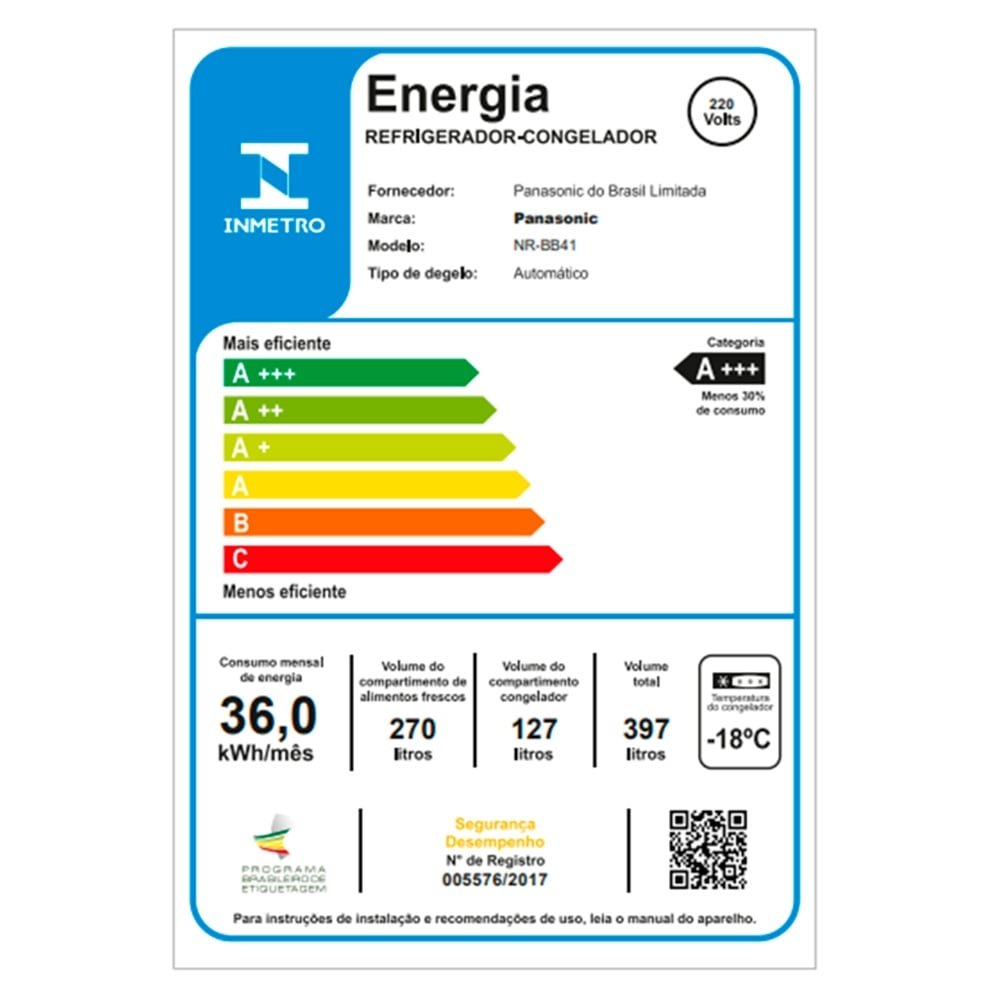 Geladeira/Refrigerador Panasonic 397 Litros A+++ NR-BB41GV1B | 2 Portas, Frost Free, Painel Easy Touch, Black Glass, 220V