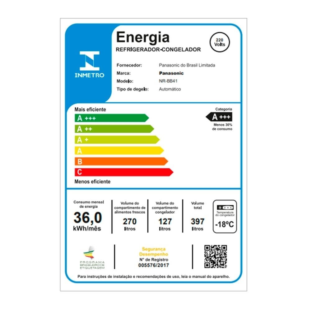 Geladeira/Refrigerador Panasonic 397 Litros A+++ NR-BB41PV1T - 2 Portas, Frost Free, Painel Eletrônico, Titânio, 220V