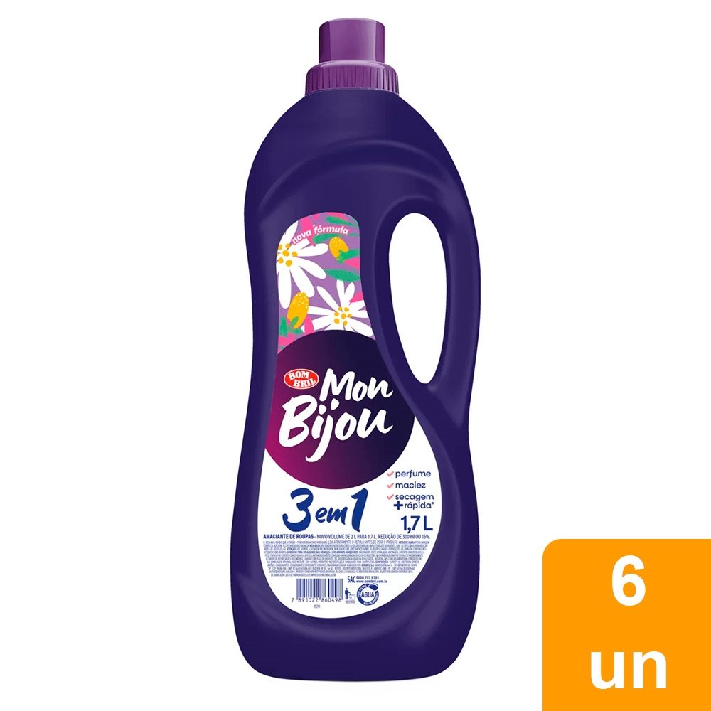 Amaciante Mon Bijou Roxo 3 em 1 1,7 Litros - Embalagem com 6 Unidades