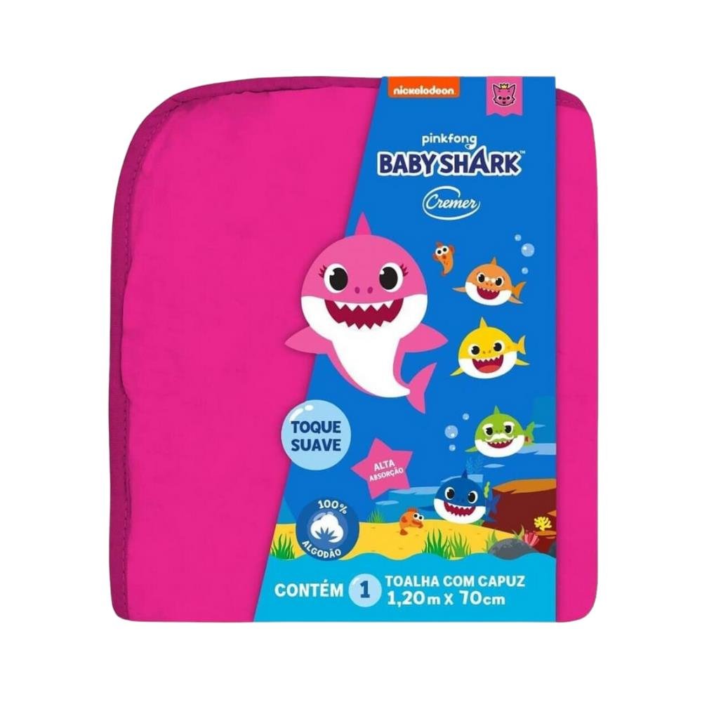 Toalha com Capuz Cremer Baby Shark Rosa 1,2m X 70cm