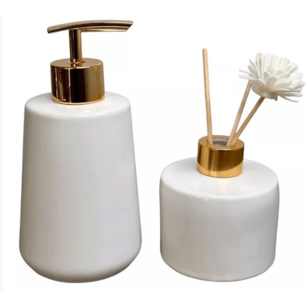 Jogo de Banheiro de Porcelana Saboneteira Liquida Infusor Bandeja Branco