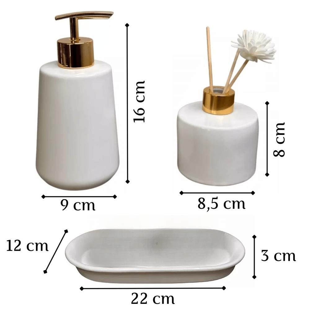 Jogo de Banheiro de Porcelana Saboneteira Liquida Infusor Bandeja Branco