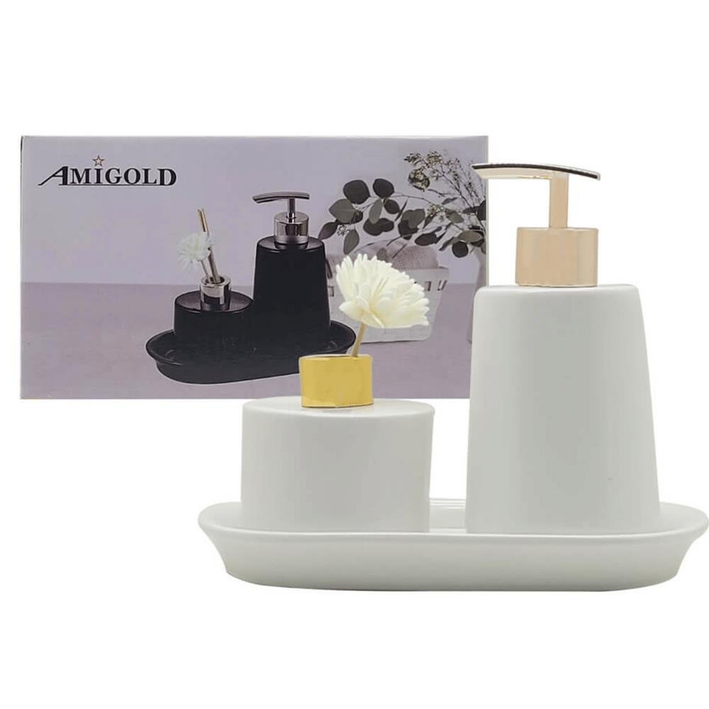 Jogo de Banheiro de Porcelana Saboneteira Liquida Infusor Bandeja Branco