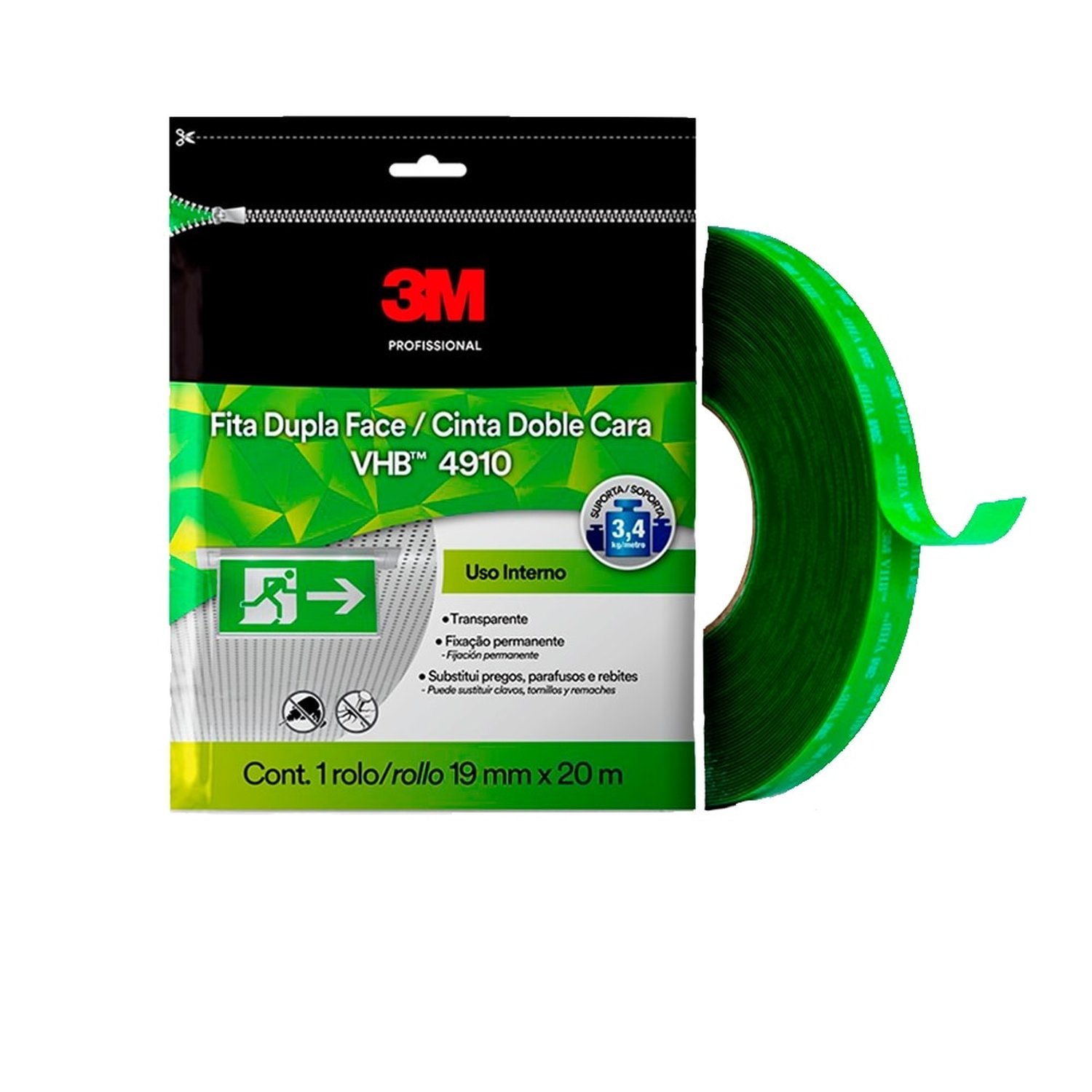 Fita Dupla Face 3m Fixa Forte VHB 4910 Transparente 19mmx20m SM