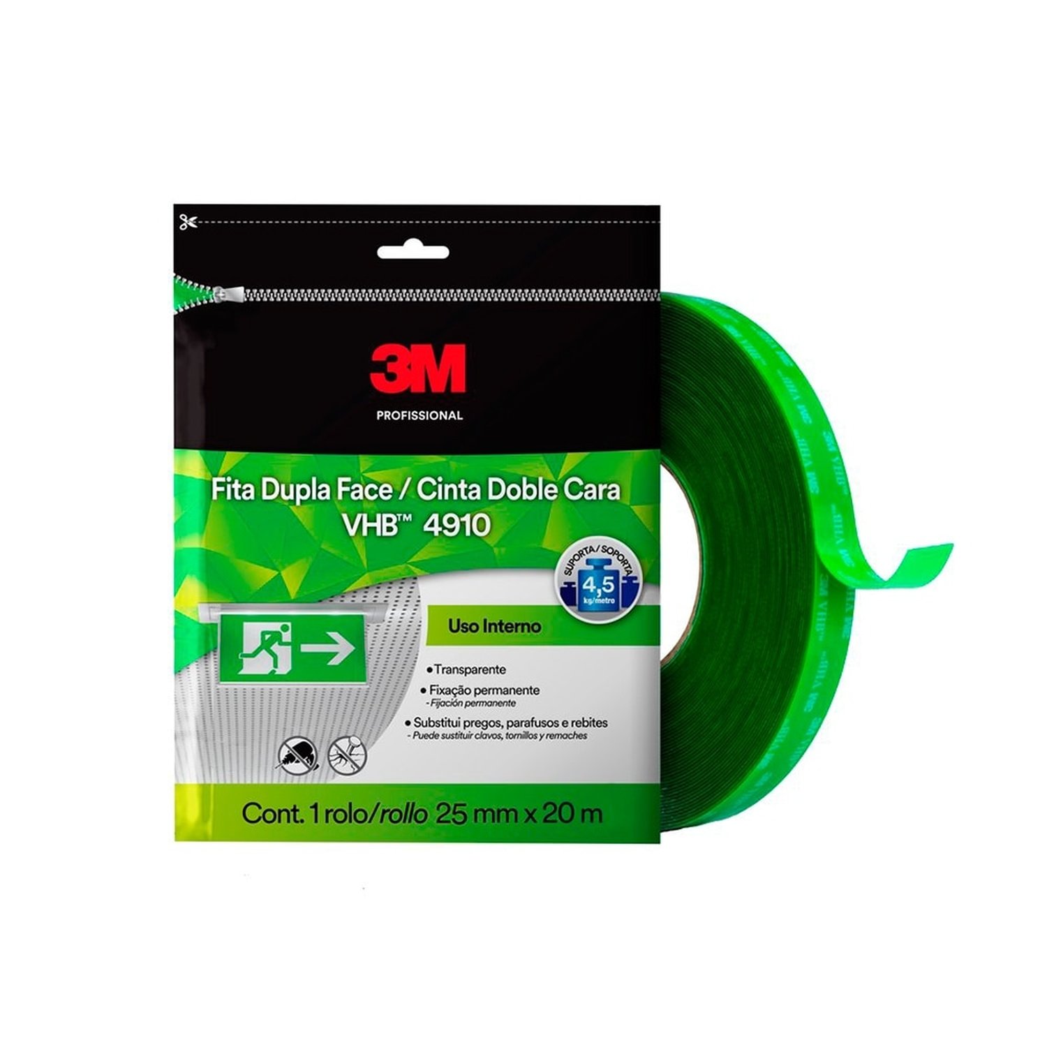 Fita Dupla Face 3M VHB 4910 Uso Interno Transparente 25mmx20m