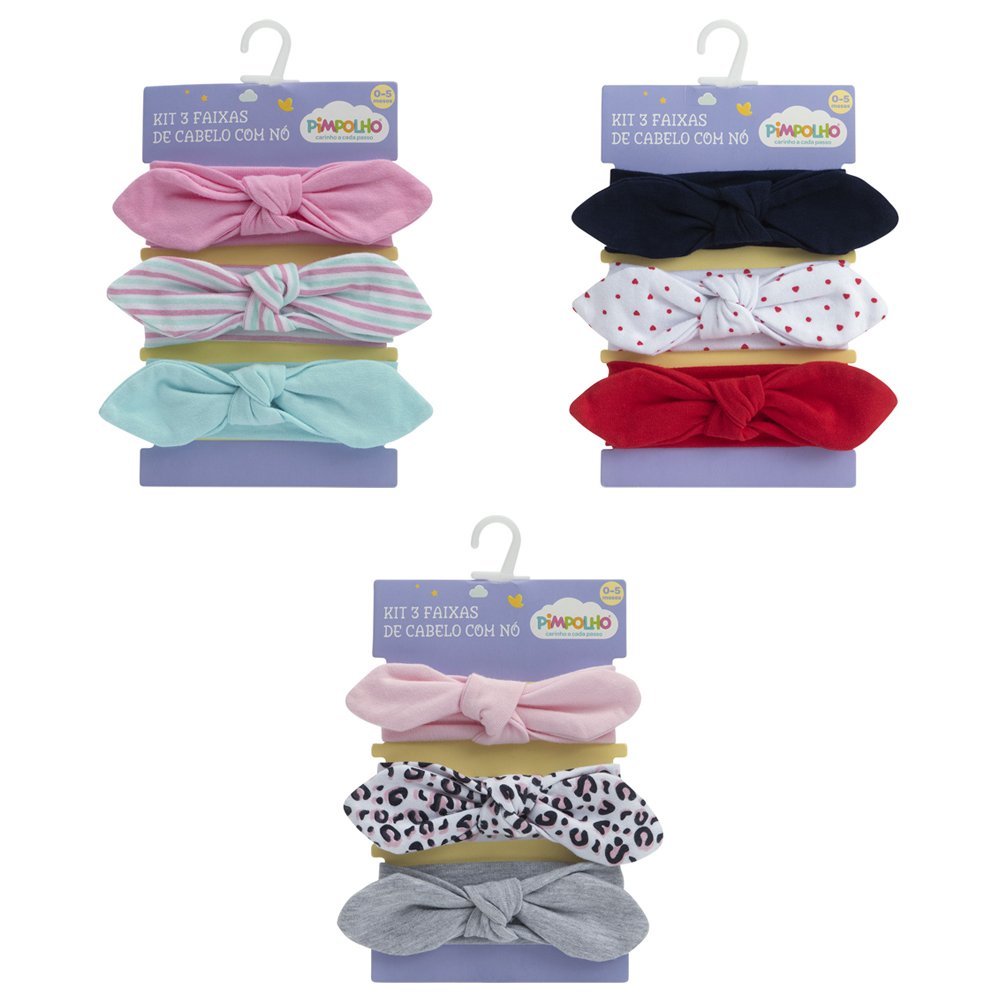 Kit C/3 Faixas De Cabelo Com Nó Tamanho 00-05 Meses Feminino Pimpolho Com 6 Unidades.