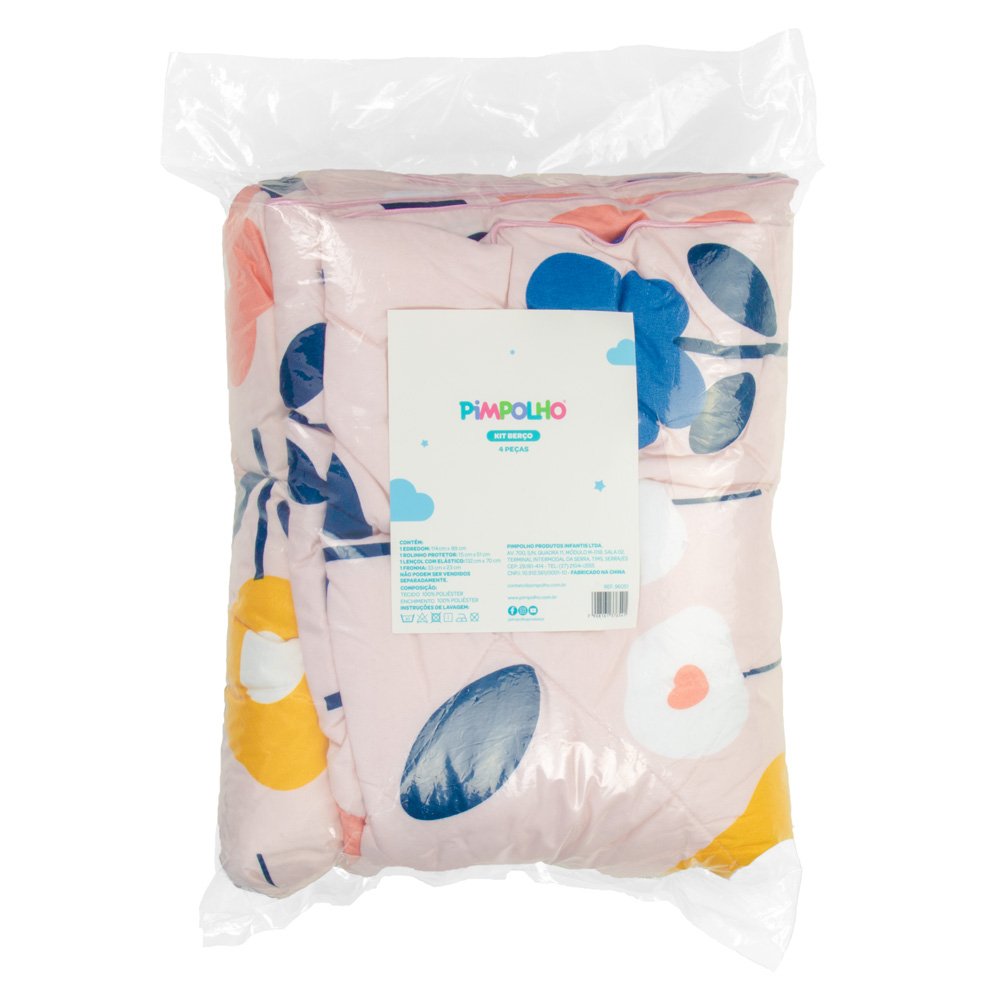 Kit Berço Com 4 Peças: Lençol, Rolo Protetor, Fronha E Edredon Margaridas Feminino Pimpolho Com 1 Unidade.