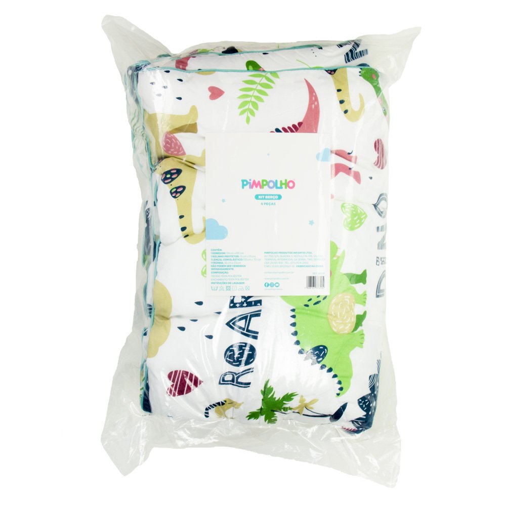 Kit Berço Com 4 Peças: Lençol, Rolo Protetor, Fronha E Edredon Dinossauro Masculino Pimpolho Com 1 Unidade.
