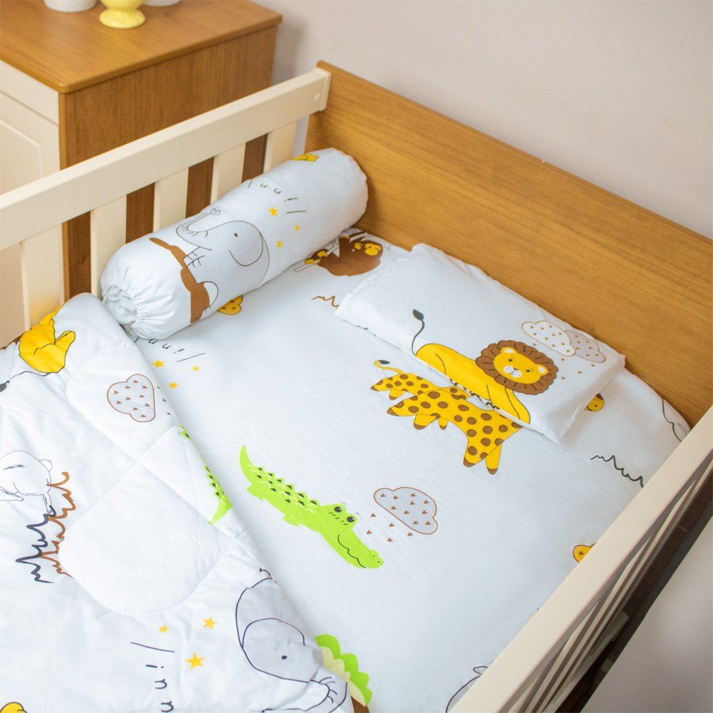 Kit Berço Com 4 Peças: Lençol, Rolo Protetor, Fronha E Edredon Safari Unissex Pimpolho Com 1 Unidade.