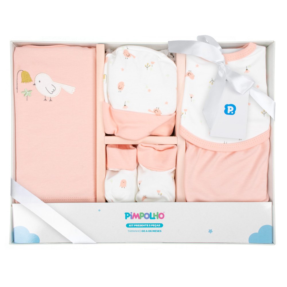 Kit Presente 5 Peças 0-6 Meses: Camiseta, Babador, Tapa Fraldas, Touca E Sapatinho Feminino Pimpolho Com 1 Unidade.