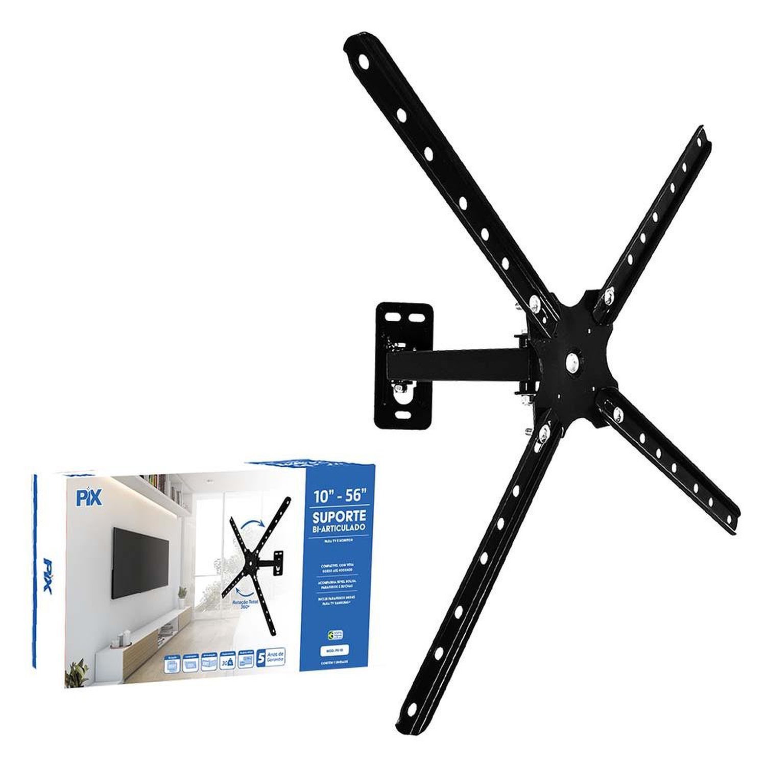 Suporte Tv Bi-Articulado Pix, 10 A 60 Polegadas, Preto