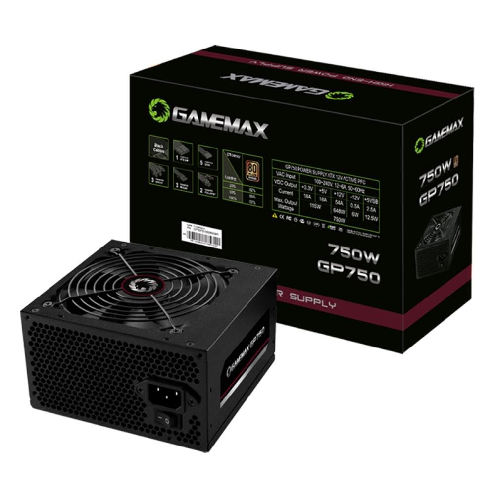 Fonte Gamemax, 750W, 80 Plus Bronze, PFC Ativo, Com Cabo, Preto - GP750