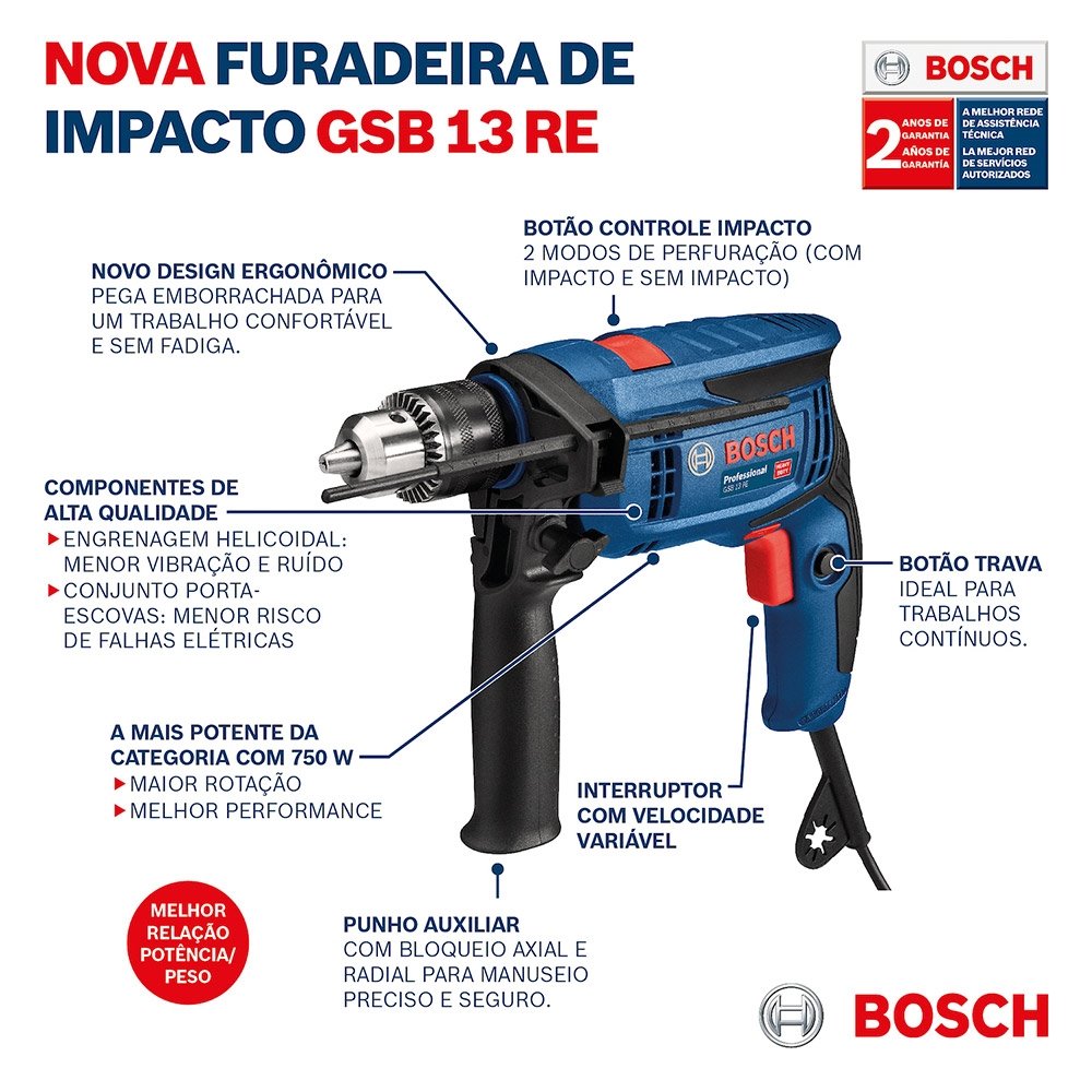 Furadeira de Impacto Bosch GSB13,750W, Velocidade variável, 110V