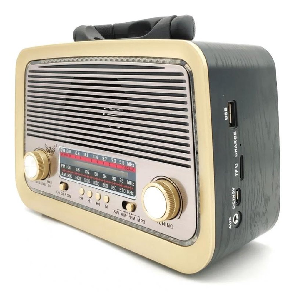 Rádio Retro Vintage Am Fm Sw Usb Bateria Recarregavel Auxiliar Sd Preto
