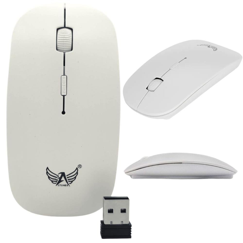 Mouse Sem Fio Slim Optico 3 Botões Adaptador Wireless Scroll Branco