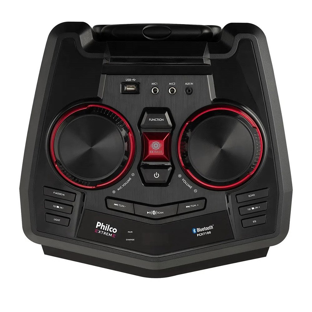 Caixa Acústica Philco PCX7100, Entrada Auxiliar, P2/USB/Flash Lights, Bluetooth 5.0, Rádio FM, 750W RMS, Preto