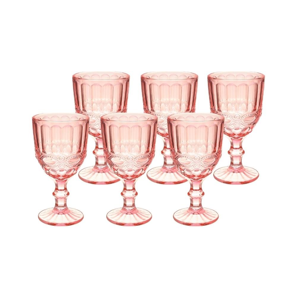 Jogo de 6 Taças de Vidro Quartzo Rosa com Capacidade de 320ml com Alto Relevo Mimo Style