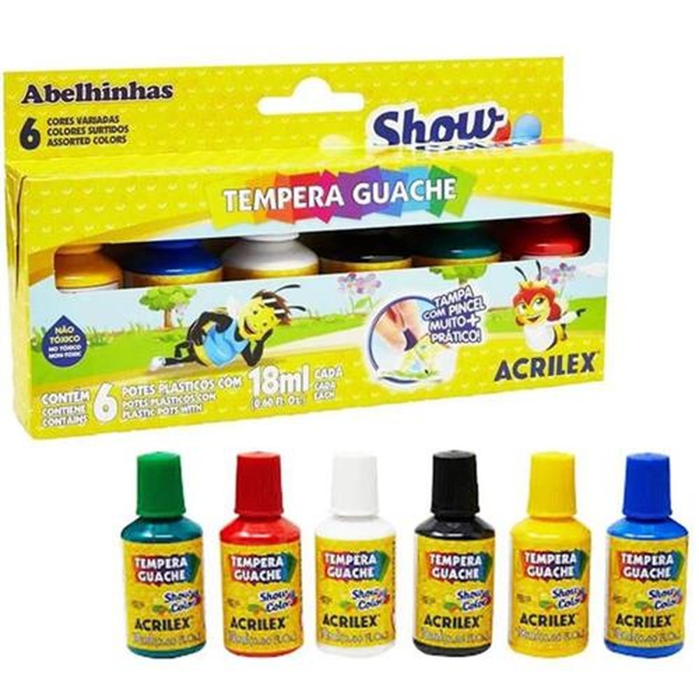 Tinta Tempera Guache 18ml Caixa Com 6 Cores Primarias Tampa Com Pincel Acrilex Pacote Com 3