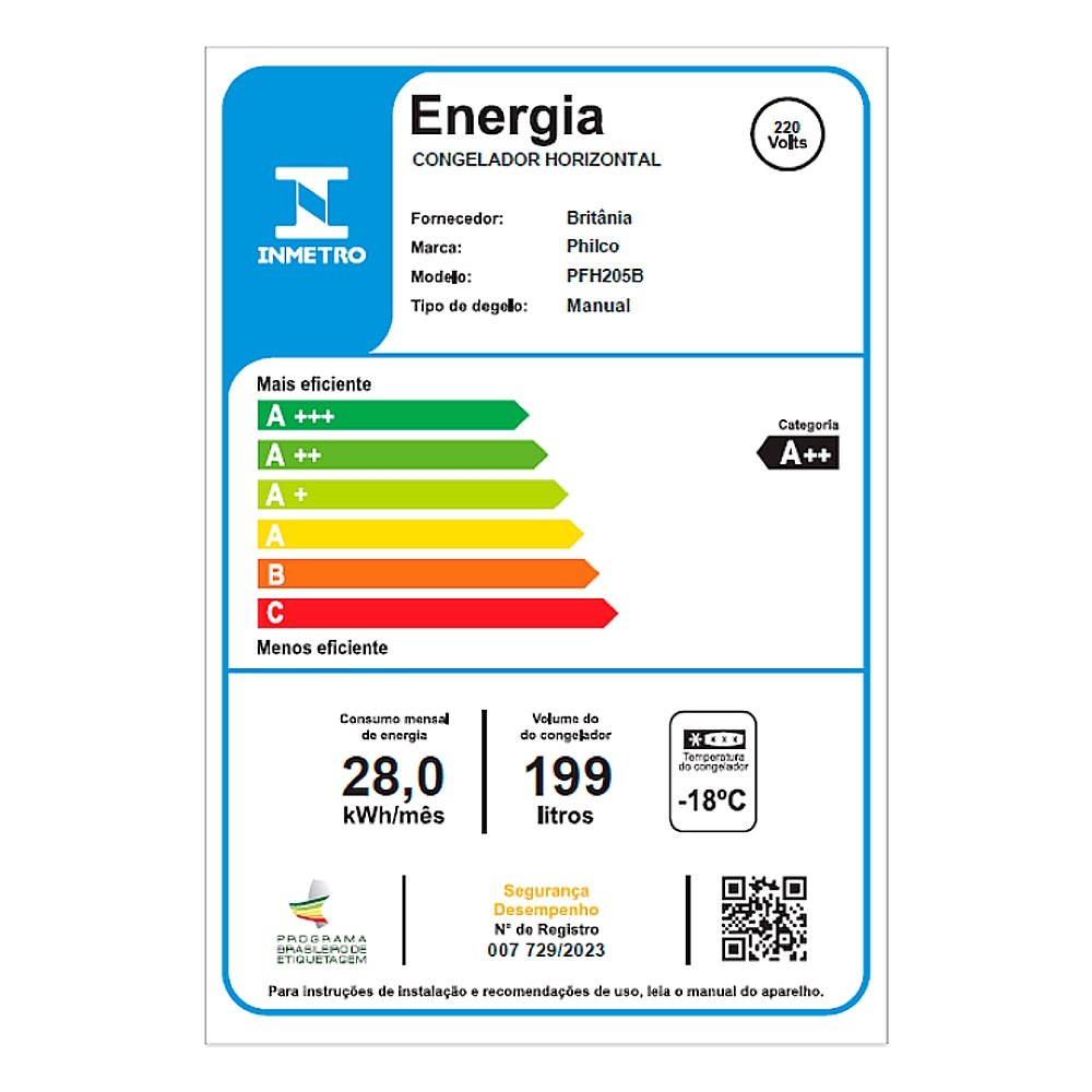 Freezer Horizontal Philco 199 Litros PFH205B - Classe A++, Branco, 220V