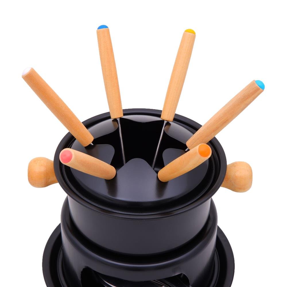 Conjunto Para Fondue 14cm na Cor Preta, Feito em Aço Inox e Madeira. Ideal Para Servir Fondue Doce ou Salgado e Seus Acompanhamentos
