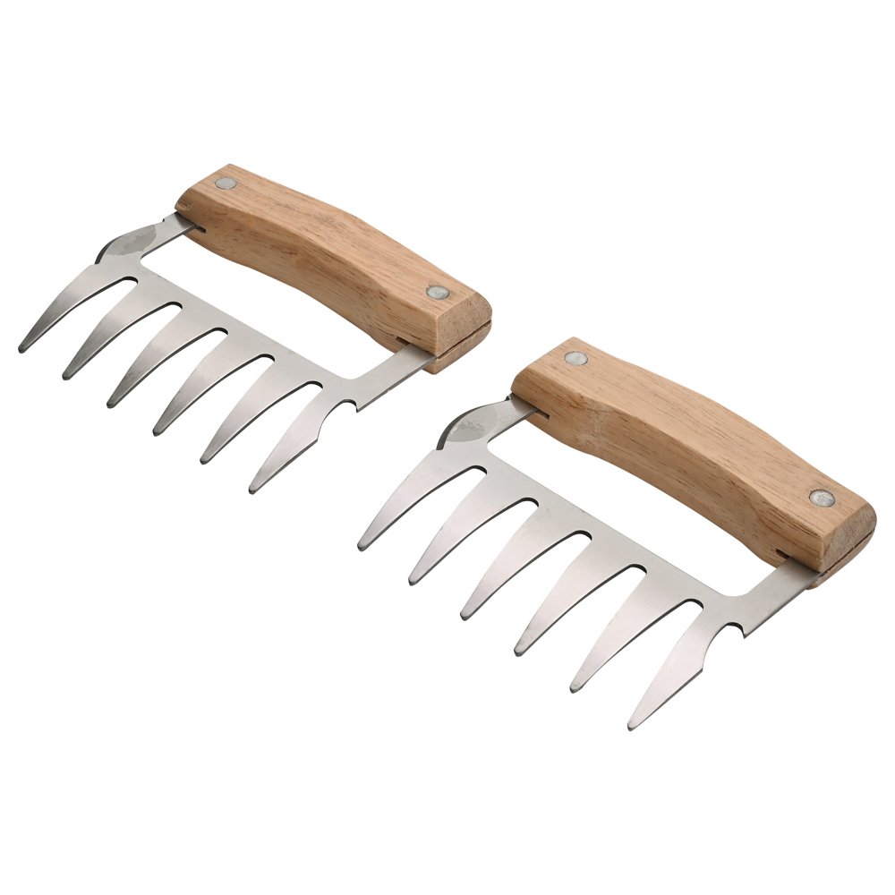 Desfiador de Carne em Formato de Garra, Feito de Aço Inoxidável com Cabo de Madeira. Conjunto com 02 Peças de Desfiadores.